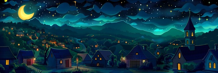 Wall Mural - Night City Landscape Background Panorama Concept Drawing image HD Print 15232x5120 pixels. Neo Game Art V10 2