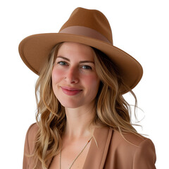 Wall Mural - Portrait of a beautiful woman in a hat isolated on transparent background.