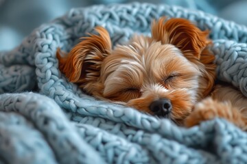  A peaceful terrier puppy, snuggled up in a warm blanket, dreaming sweetly in its indoor sanctuary