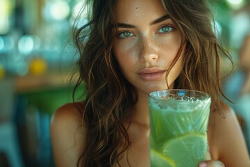 A young girl sips on a refreshing green fruit drink, her face illuminated by the warm outdoor light as she indulges in the crisp and invigorating taste of the beverage in her hand