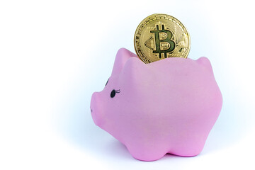 Pink piggy bank, Bitcoin on a white background. savings concept, fundraising.