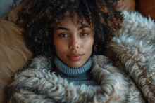 A Fashionable Woman With Curly Hair Stands Confidently Indoors, Adorned In A Luxurious Fur Coat That Adds A Touch Of Elegance To Her Portrait