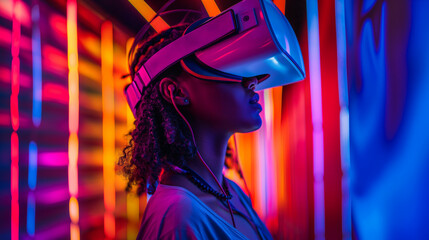 Sticker - a woman wearing a vr helmet with bright colors in the background, in the style of dark, foreboding colors, colorized, afrofuturism-inspired.