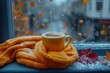 © familymedia - Amidst the warm glow of the morning light, a solitary teacup rests on the windowsill, adorned with a vibrant orange scarf, offering a comforting moment of stillness and reflection