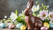 elegant easter chocolate bunny centerpiece with spring flowers and pastel eggs