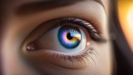 Girl colorful and natural rainbow eye on white background