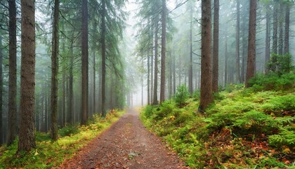 Wall Mural - path through coniferous forest on a foggy autumn day