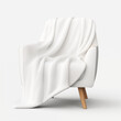 © SoCuteArtShop - A soft, white fleece blanket draped over a modern armchair with wooden legs, against a white background. Creates a sense of comfort and relaxation. Ideal for home decor visuals.