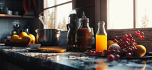 Healthy Breakfast With Fresh Fruits And Juice In The Kitchen, Horizontal