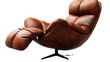 A brown leather chair with a metal base and a footrest on a transparent background. PNG format, This PNG file, with an isolated cutout object on a transparent background.