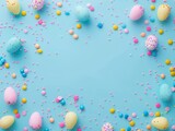 Fototapeta Koty - Top view photo of yellow pink blue easter eggs and sprinkles on isolated pastel blue background with blank space in the middle