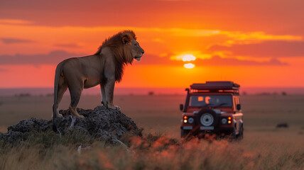 a lion (panthera leo), sitting on an old tree trunk in the seringetti, ai generated