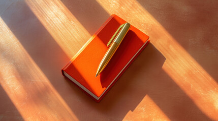 a pen sitting on top of an orange book on a wooden table with a shadow of the book on the floor.