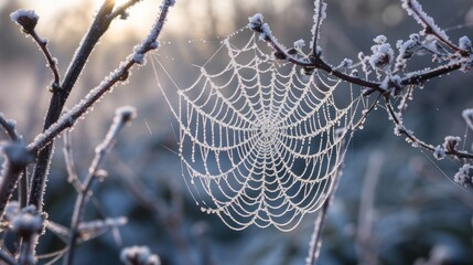 Wall Mural - a close up of a spider web on a tree branch with frost on the branches and the sun in the background.