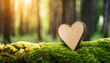 wooden heart on moss in forest cemetery, symbolizing natural burial and tranquility. Funeral background concept