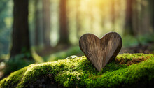 Wooden Heart On Moss In Forest Cemetery, Symbolizing Natural Burial And Tranquility. Funeral Background Concept