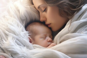 Wall Mural - A woman holding a baby wrapped in a blanket. Suitable for family and parenting themes