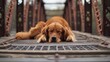 a close up of a dog laying on a bridge with it's head resting on a metal grate.