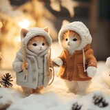Fototapeta Las - Adorable Baby Kittens in Kitsch Outfits Holding Hands in Snow