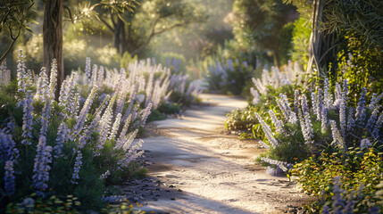 Wall Mural -  a garden path lined with flourishing Sage plants