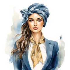 Wall Mural - Stylish Blue and Gold Watercolor Fashion Girl Clipart with Tailored Blazer and Headband