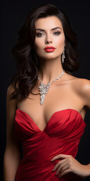 Close-up portrait of elegant seductive brunette in red evening dress with plunging neckline and diamond jewelry. Vertical orientation. The concept of beauty and chic