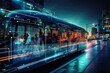 A bus driving down a city street at night. Suitable for transportation concepts