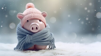 Wall Mural - A cute pig wearing a scarf and hat, perfect for winter-themed designs