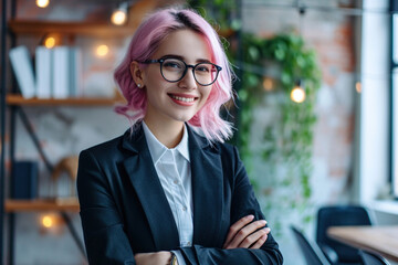 Wall Mural - Smiling non-binary woman with long dyed pink hair arms crossed looking into camera. Modern youth subculture gen generation z professionals, self-expression confidence concept