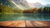 Fototapeta Przestrzenne - The empty wooden table top with blur background of summer lakes mountain. Exuberant image. generative AI