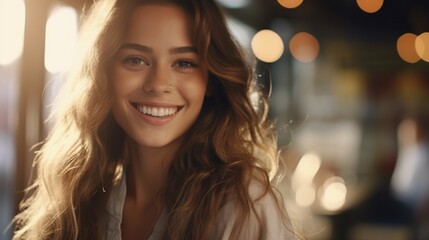 Poster - A woman with long brown hair smiling at the camera. Suitable for various marketing and advertising purposes