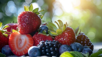 Wall Mural - Summer Berry Bliss - Assorted Fresh Berries in Sunlight