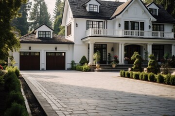 Sticker - A large white house with a driveway, suitable for real estate or architecture concepts