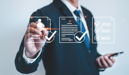 businessman filling out employee evaluation form online human resource management (hr), human resour