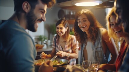 Canvas Print - Group of individuals enjoying a meal together. Suitable for illustrating social gatherings