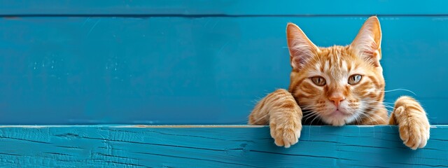 Wall Mural - a cat with its paws on a surface looking over a wall