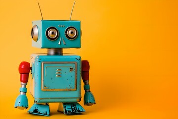 vintage toy robot standing on a yellow background. retro style, 50s and 60s. technology and nostalgi