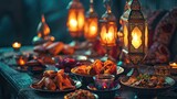 Fototapeta  - Traditional arabian feast setup with lanterns