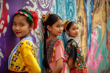 Three Young Girls in Traditional Filipino Dress, Cultural Portrait