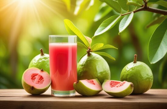 a glass of guava juice on a wooden table, tropical guava fruit, green plants on the background, guav