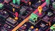 Discover the world: isometric city map with gps pins on black background - vector illustration for urban navigation and travel concepts