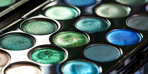 Wall Mural - close shot about makeup palette with metalic peacock green and blue hues add a shimmer used