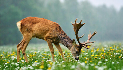 Wall Mural - Roe deer, capreolus capreolus, buck grazing on blooming flowerers on a meadow with mist in background. Animal wildlife in unspoiled nature. Wild mammal with antlers feeding on a glade.