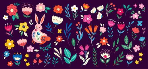 Wall Mural - Colorful collection with easter rabbit, flowers and leaves.