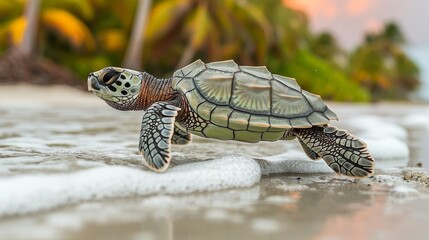 Wall Mural - Newborn Sea Turtle Moving Towards Ocean at Sunrise