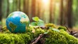 earth day green globe in forest with moss and defocused abstract sunlight environment concept