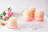 Fototapeta  - Spring mini cakes with buttercream rose. Table scene with a white wood background. Pink layers with flower topping.