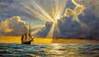 epic beautiful storm clouds over sea horizon at sunset sailing ship in rays of light illustration in style of an old oil painting
