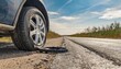 a damaged car wheel lies on the road