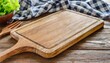 wooden cutting board stand with tablecloth on kitchen table background